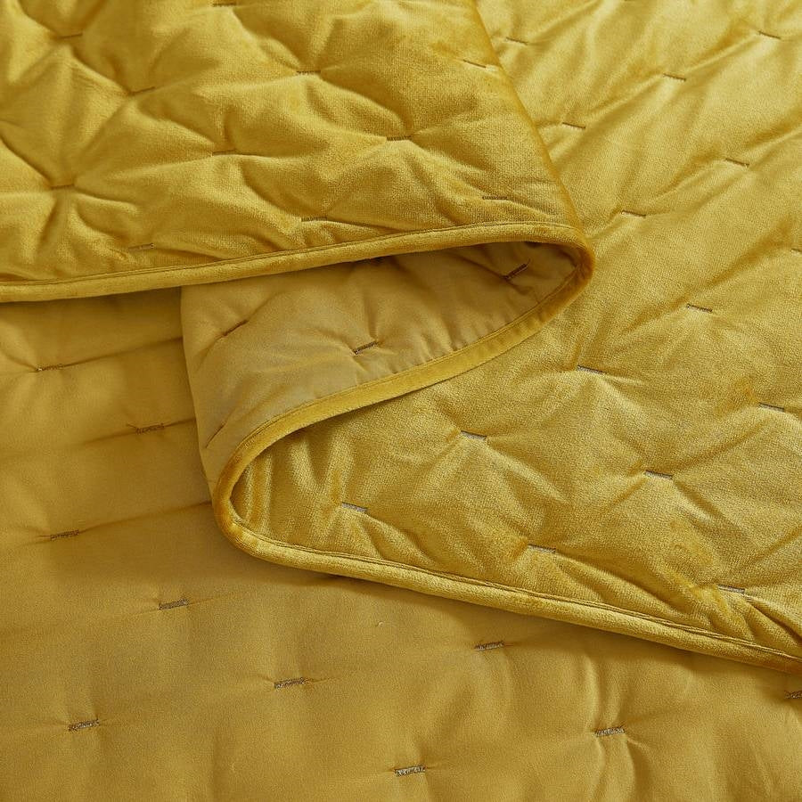 3-Piece Mustard Yellow Velvet Embroidered Lavishly Soft Quilt Set