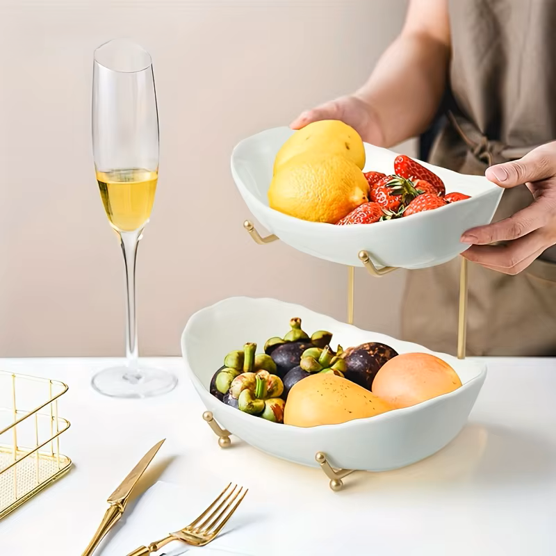 Multi-Tier Ceramic Fruit Bowl With Gold Frame