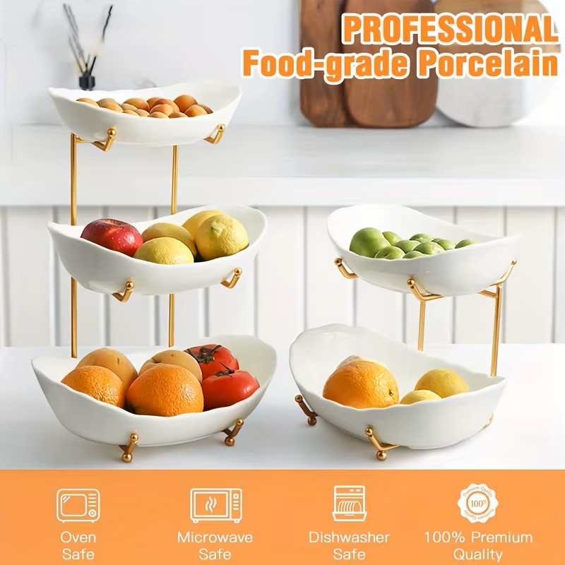 Multi-Tier Ceramic Fruit Bowl With Gold Frame