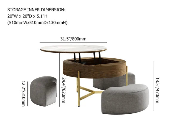 Modern White & Walnut Lift-Top Coffee Table With Stool