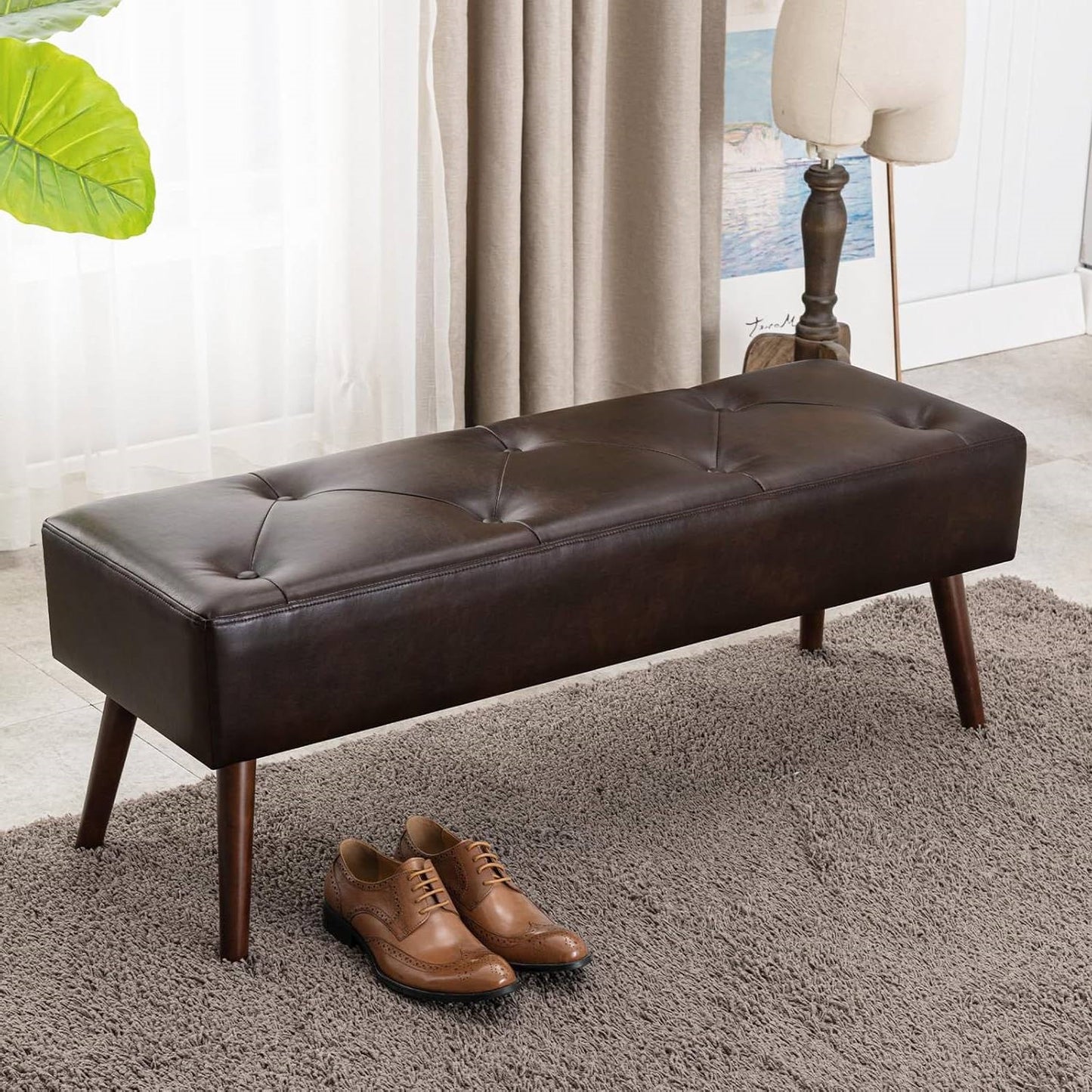 Mid-Century Premium Leather Bed Bench