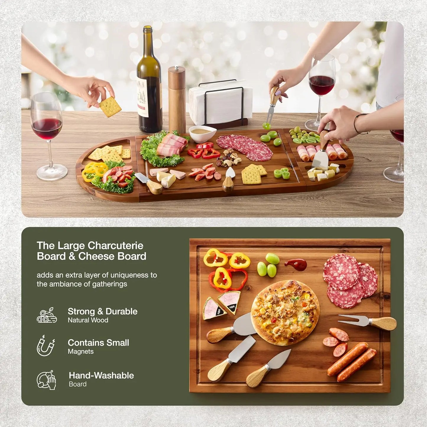 30" Round Acacia Charcuterie Board - 4 Knives & Magnetic Storage