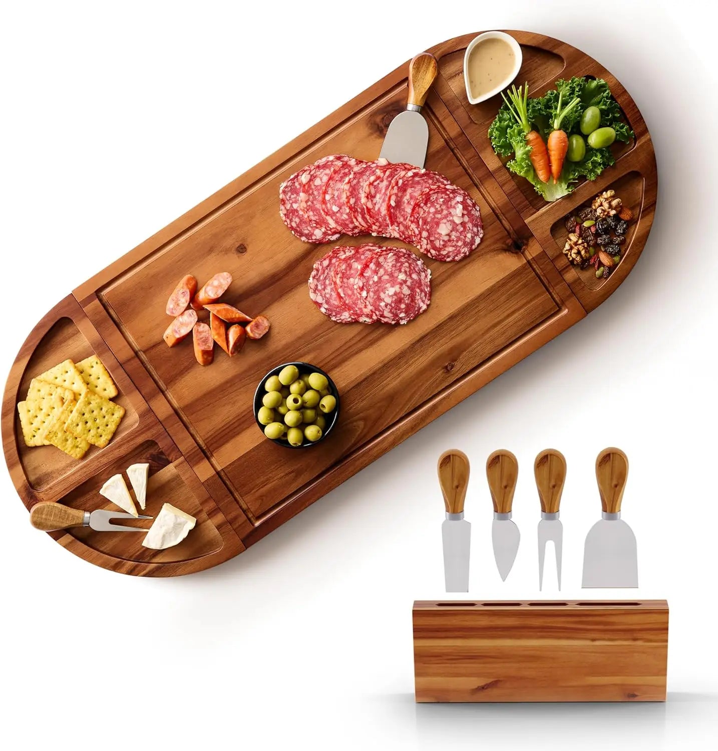 30" Round Acacia Charcuterie Board - 4 Knives & Magnetic Storage