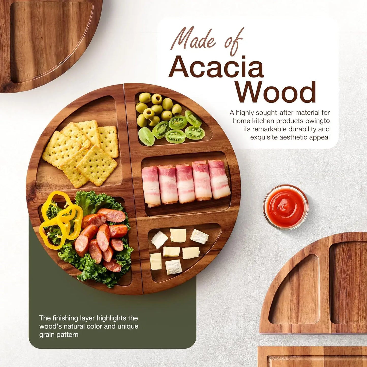 30" Round Acacia Charcuterie Board - 4 Knives & Magnetic Storage
