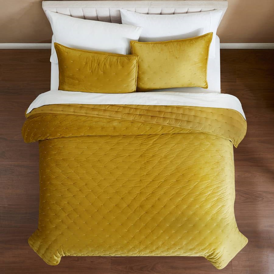 3-Piece Mustard Yellow Velvet Embroidered Lavishly Soft Quilt Set