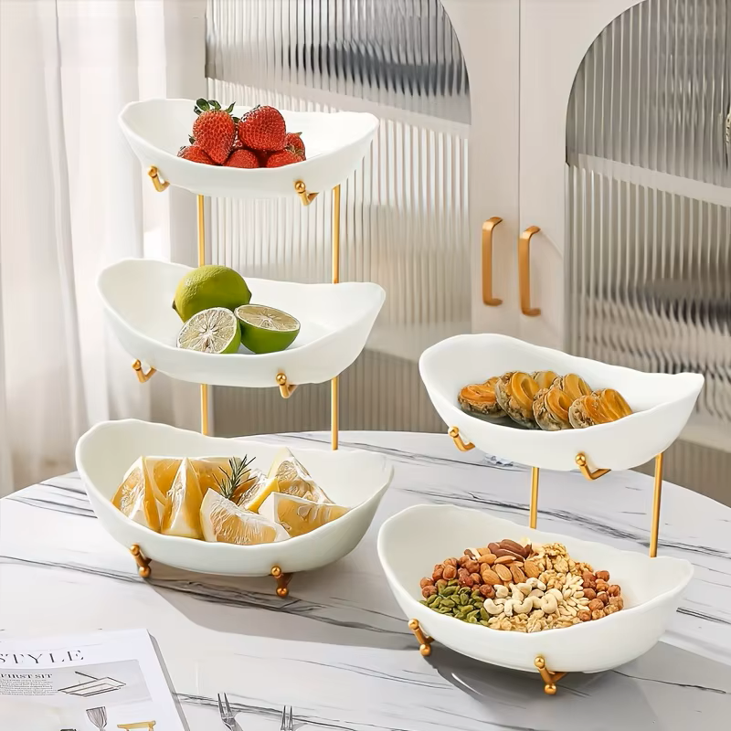 Multi-Tier Ceramic Fruit Bowl With Gold Frame