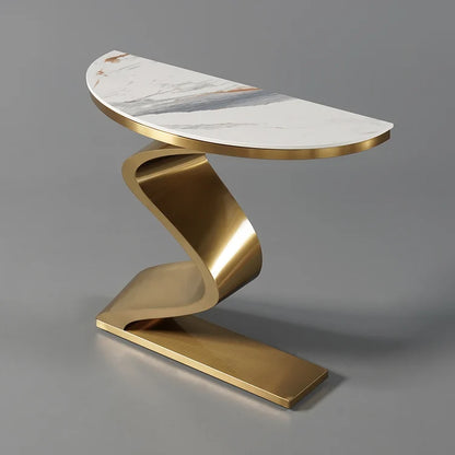 Modern White & Gold Curved Leg Sintered Stone Top Half-Oval Table
