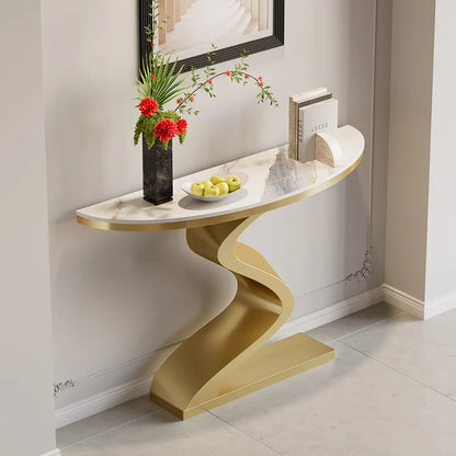 Modern White & Gold Curved Leg Sintered Stone Top Half-Oval Table