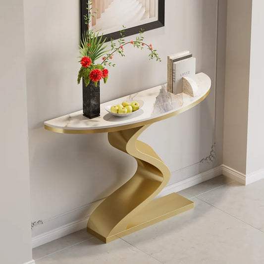 Modern White & Gold Curved Leg Sintered Stone Top Half-Oval Table