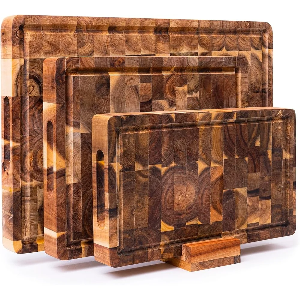 Non-Slip Acacia Cutting Boards (Set of 3) - Double-Sided with Juice Groove