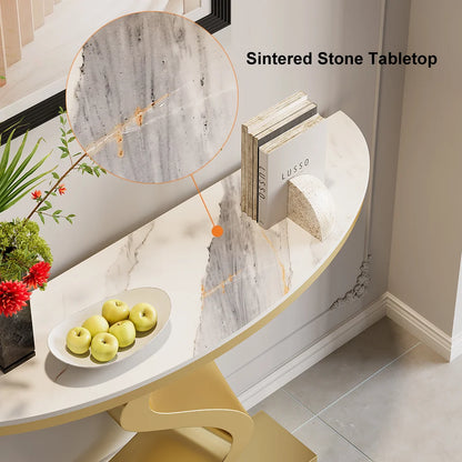 Modern White & Gold Curved Leg Sintered Stone Top Half-Oval Table