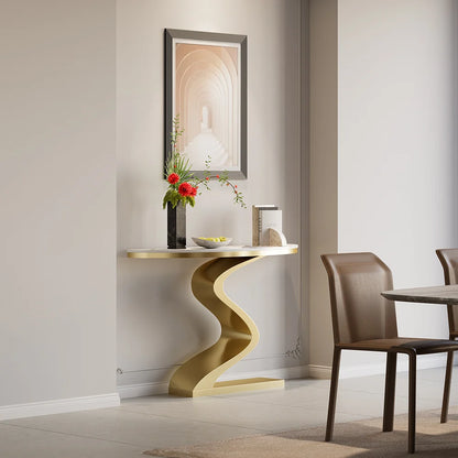 Modern White & Gold Curved Leg Sintered Stone Top Half-Oval Table