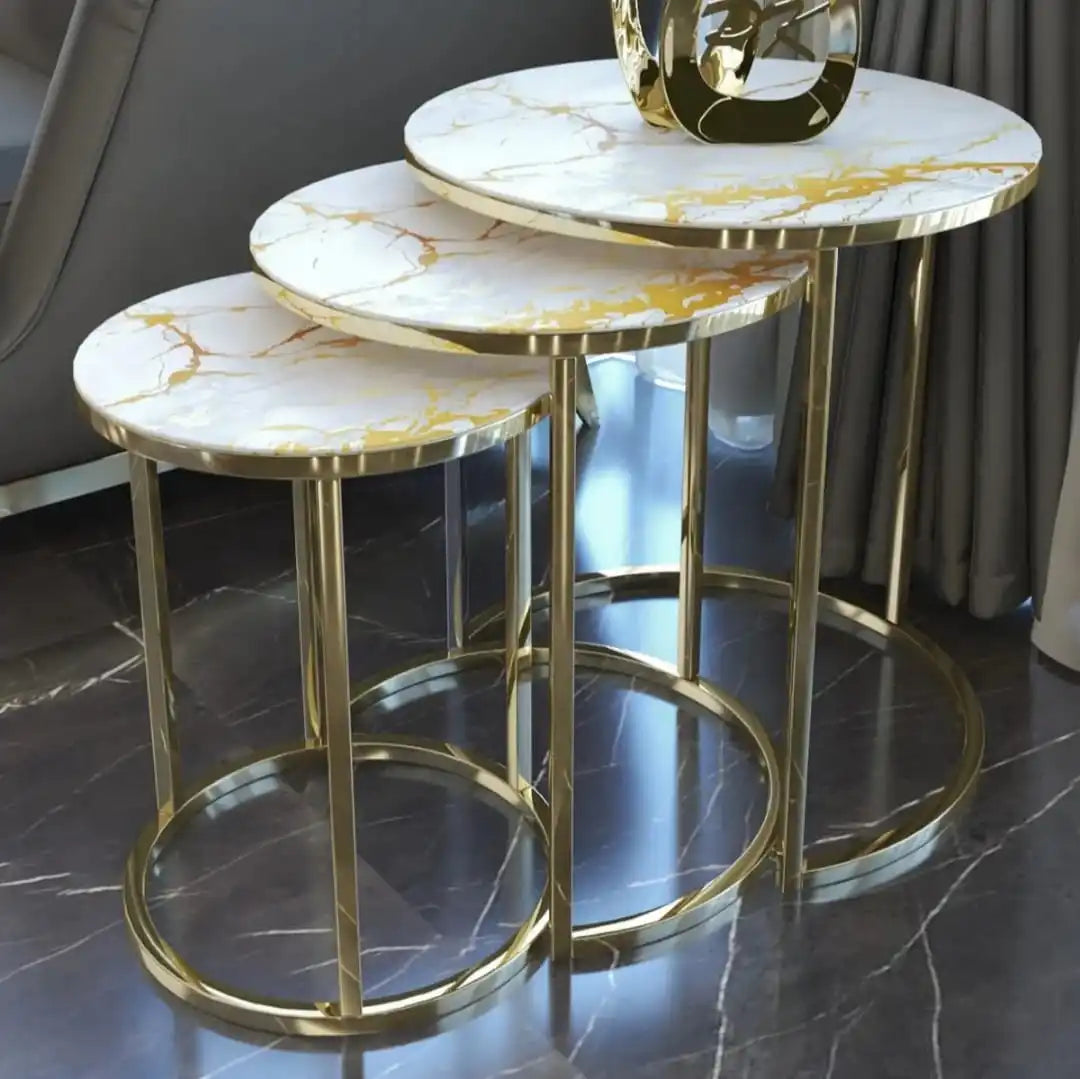 European Style Luxury Gold White Marble Table round Coffee Tables 3 Pieces Set Italy Stone Straight Metal Legs Home Furniture