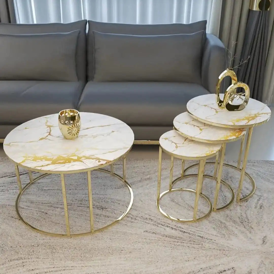 European Style Luxury Gold White Marble Table round Coffee Tables 3 Pieces Set Italy Stone Straight Metal Legs Home Furniture