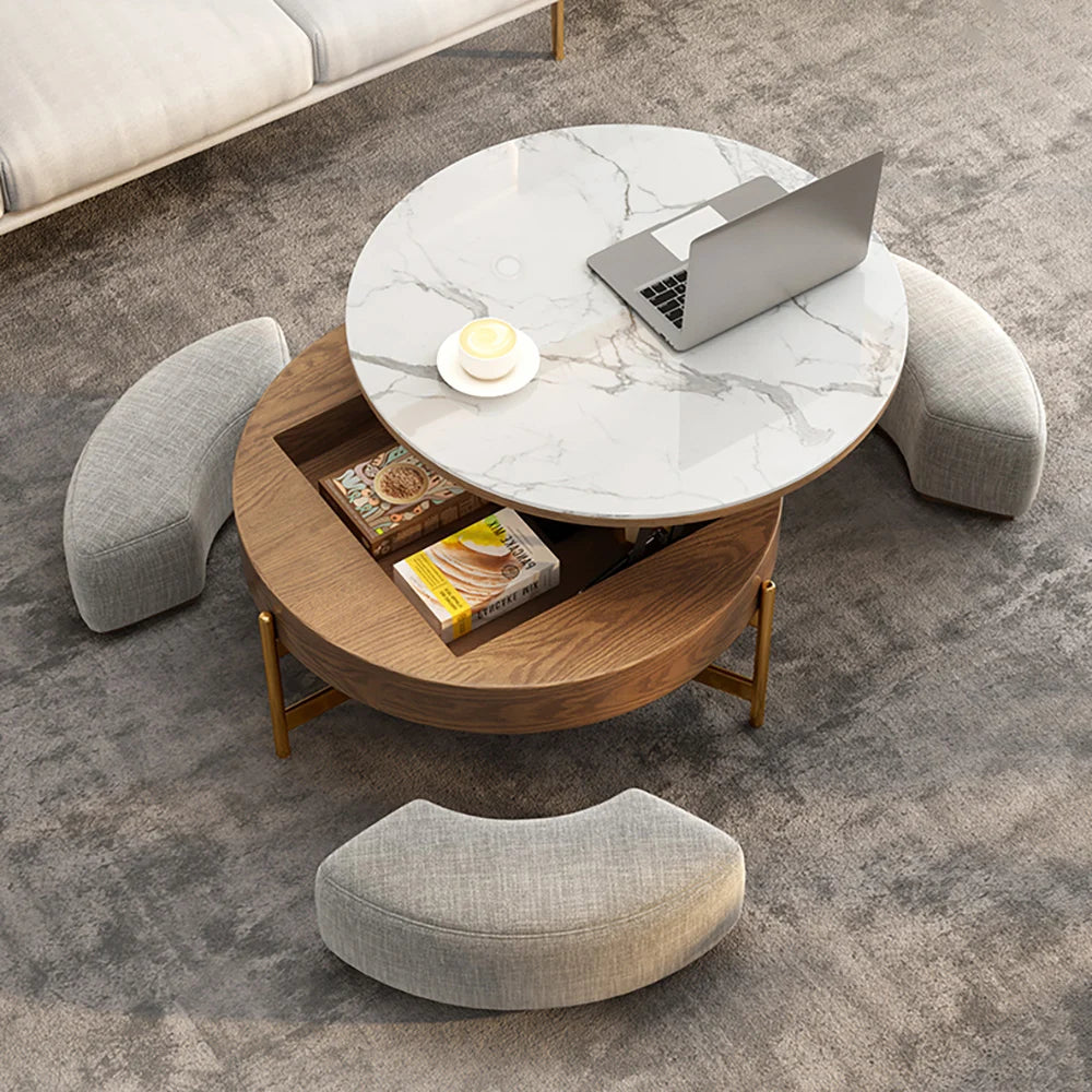 Modern White & Walnut Lift-Top Coffee Table With Stool