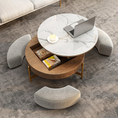Modern White & Walnut Lift-Top Coffee Table With Stool