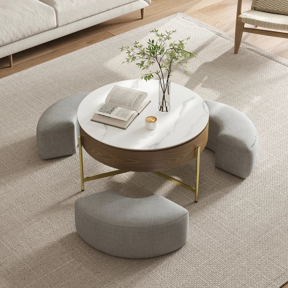 Modern White & Walnut Lift-Top Coffee Table With Stool