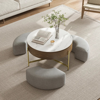Modern White & Walnut Lift-Top Coffee Table With Stool
