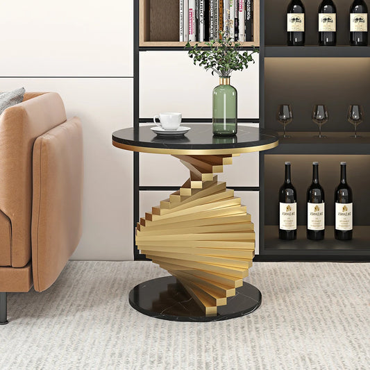 Modern White/Black & Gold Round Step Frame End Table with Marble Top