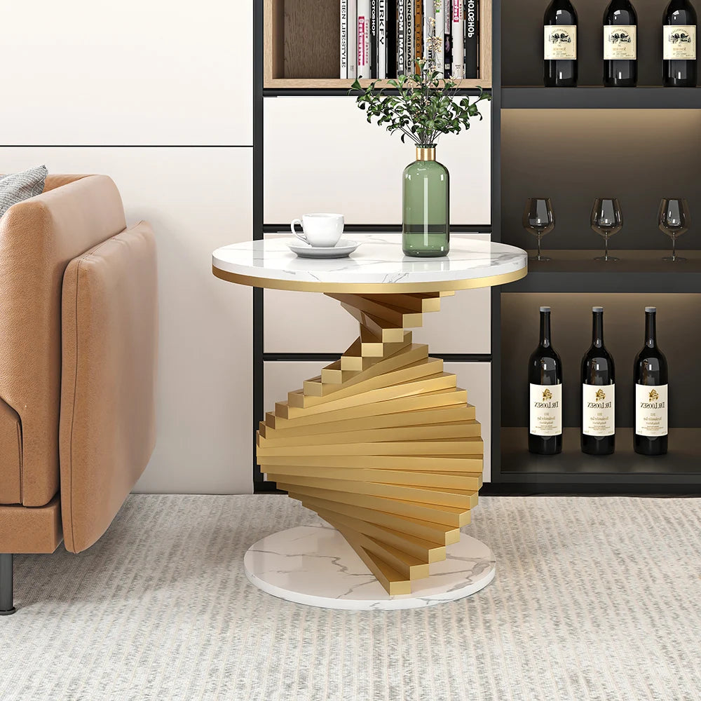 Modern White/Black & Gold Round Step Frame End Table with Marble Top