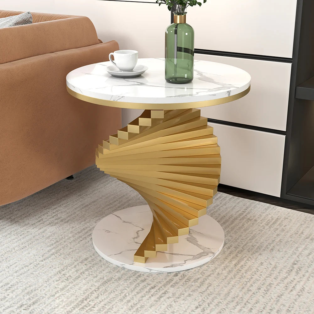 Modern White/Black & Gold Round Step Frame End Table with Marble Top