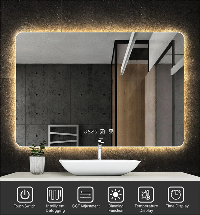 LED Bathroom Mirror Bluetooth Antifog Dimmable Time/Temperature Vanity Anti-fog Touch  110Volts