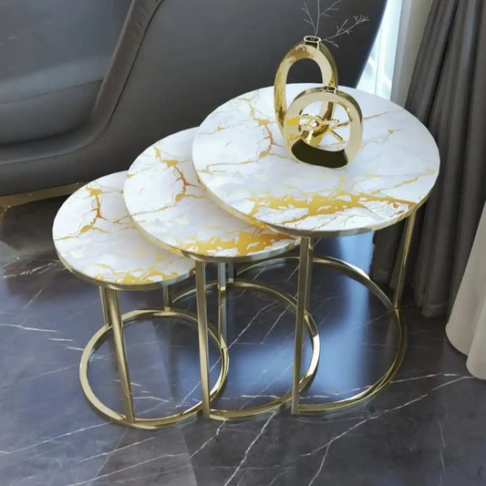 European Style Luxury Gold White Marble Table round Coffee Tables 3 Pieces Set Italy Stone Straight Metal Legs Home Furniture