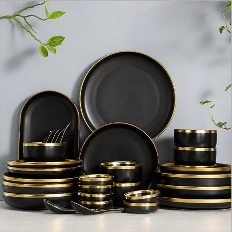 Luxury Black Porcelain Dinner Plate Set