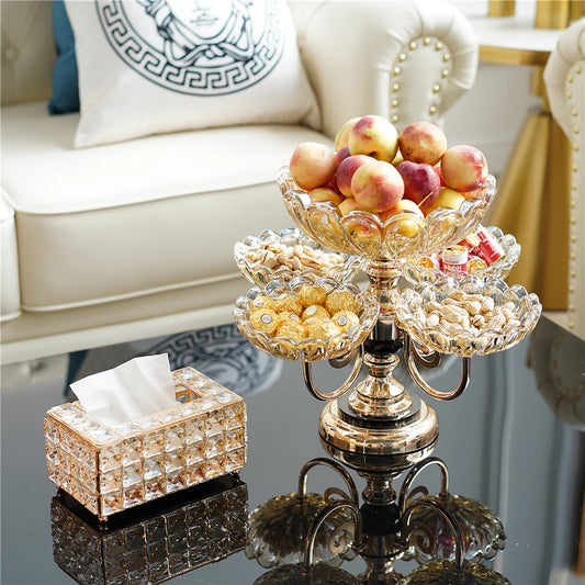 Rotating Rose Gold Glass Fruit Basket – Multilayer Decorative Bowl