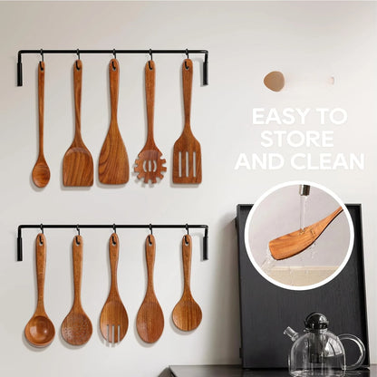 10-Piece Teak Wooden Utensil Set – Premium Non-Scratch Kitchen Spoons, Ladle & Turner – Eco-Friendly, Heat-Resistant Cookware for Nonstick Pans