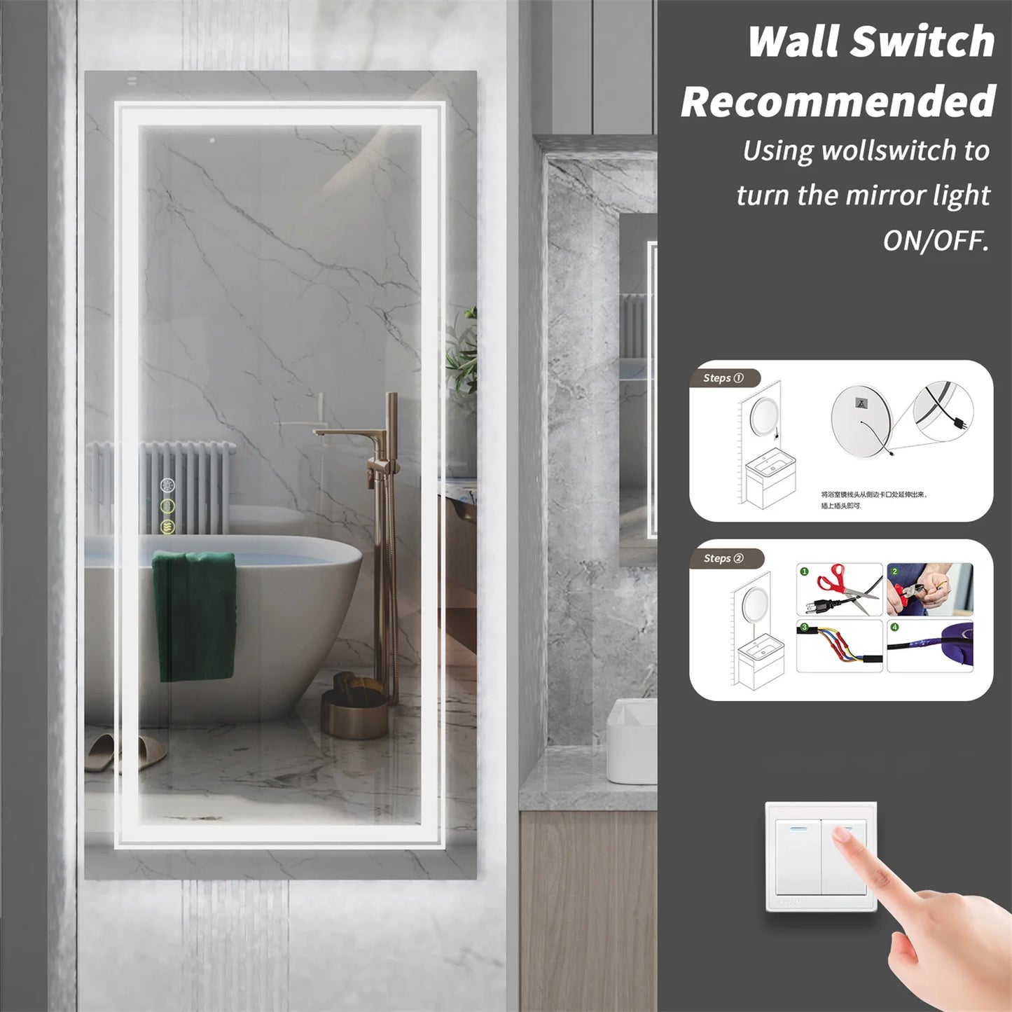 Extra Large Rectangle Bathroom Mirror LED Vanity Dimmable Backlit Anti-Fog Memory with Front and Backlight Shatter-Proof