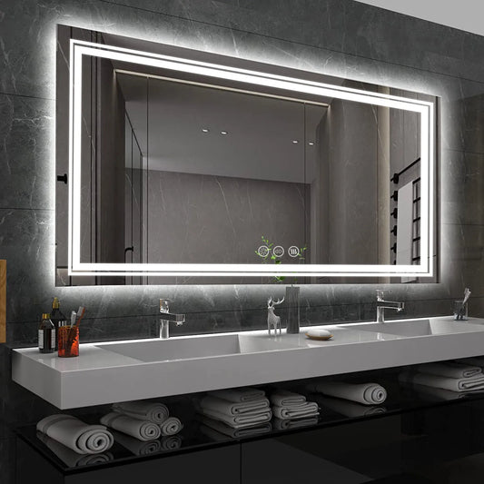 Extra Large Rectangle Bathroom Mirror LED Vanity Dimmable Backlit Anti-Fog Memory with Front and Backlight Shatter-Proof