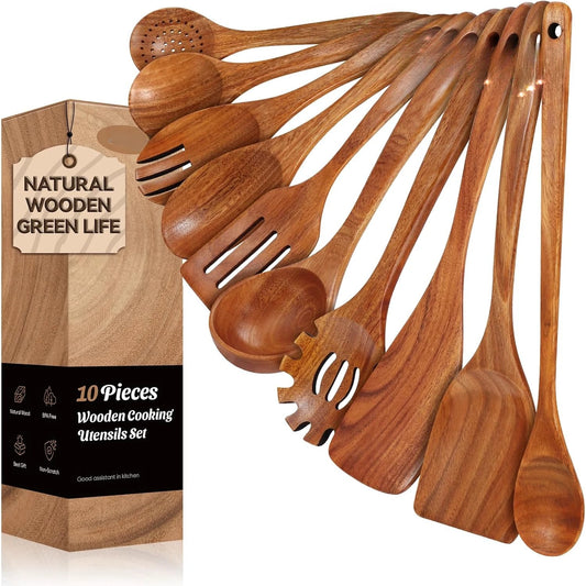 10-Piece Teak Wooden Utensil Set – Premium Non-Scratch Kitchen Spoons, Ladle & Turner – Eco-Friendly, Heat-Resistant Cookware for Nonstick Pans