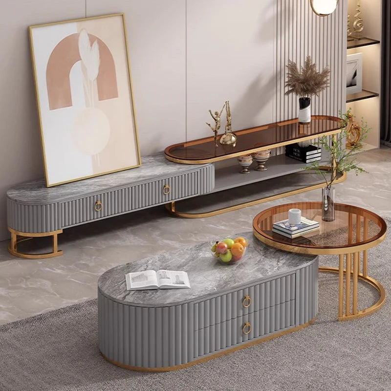 Modern Oval Marble Top Luxury Slide-In Coffee Table