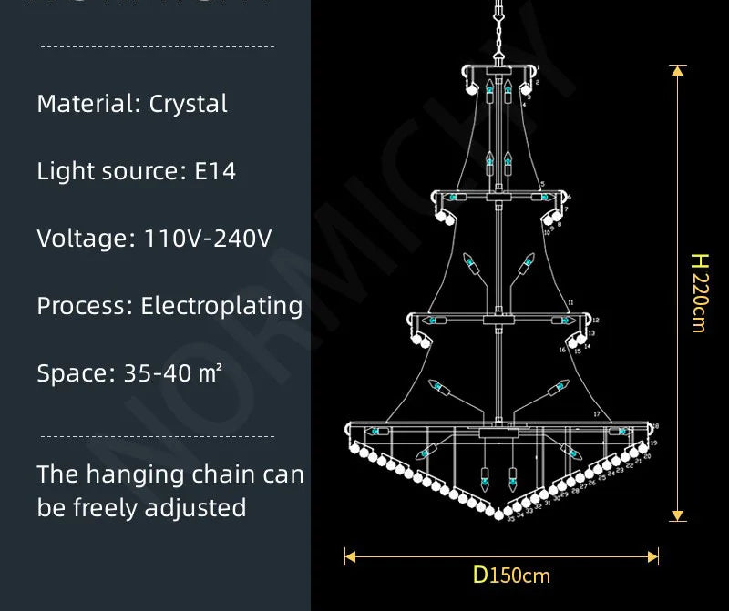 Luxury Crystal High Ceiling Living Room Staircase Chandelier