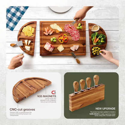30" Round Acacia Charcuterie Board - 4 Knives & Magnetic Storage