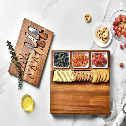 Large Acacia Charcuterie Board Set - 3 Removable Bowls