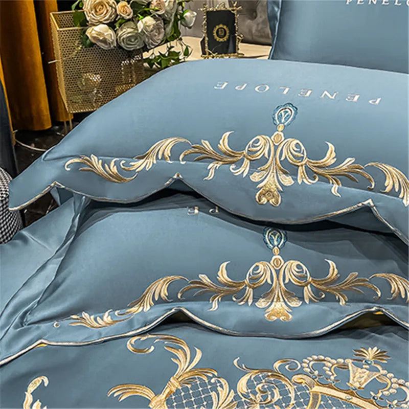 Alaafin Luxury Embroidery Satin Cotton Duvet and Bedding Set