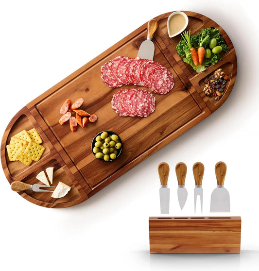 30" Round Acacia Charcuterie Board - 4 Knives & Magnetic Storage