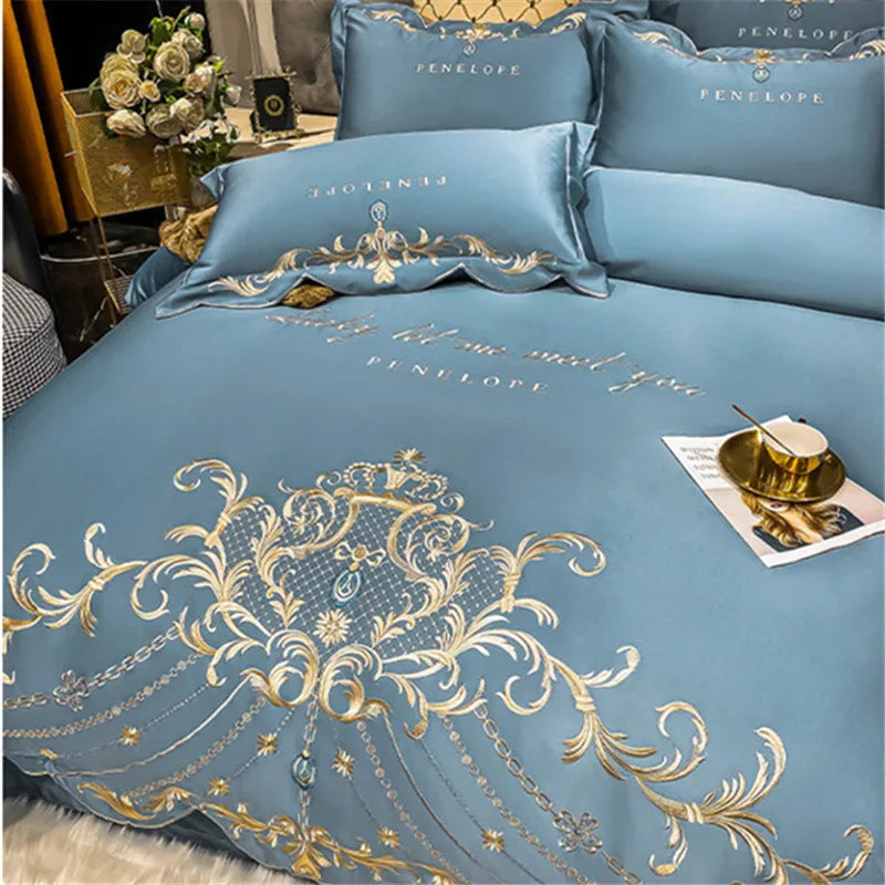 Alaafin Luxury Embroidery Satin Cotton Duvet and Bedding Set