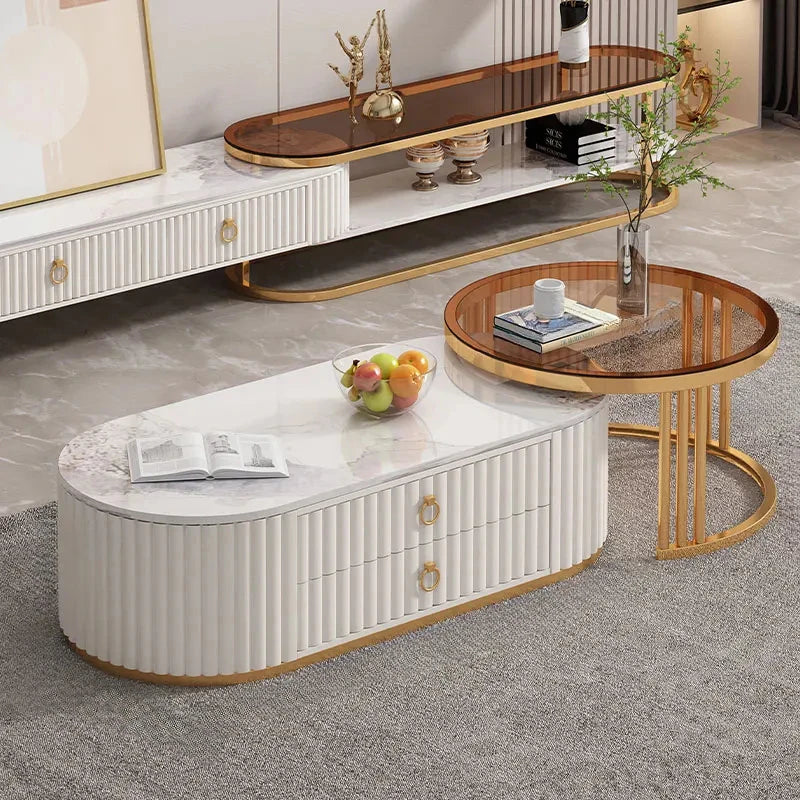 Modern Oval Marble Top Luxury Slide-In Coffee Table