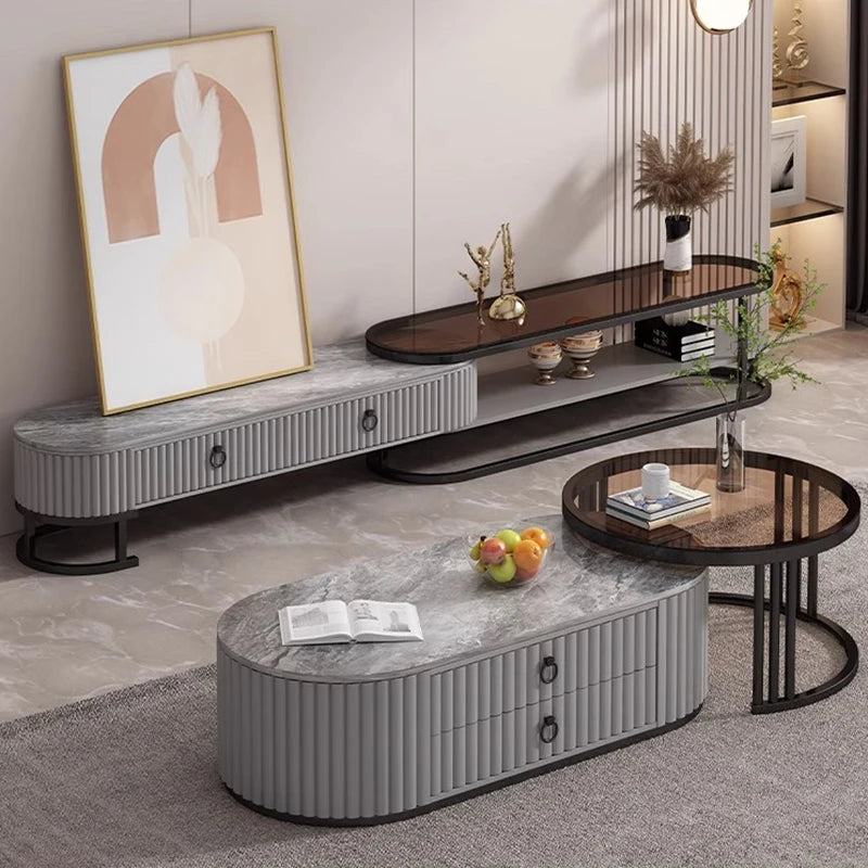 Modern Oval Marble Top Luxury Slide-In Coffee Table