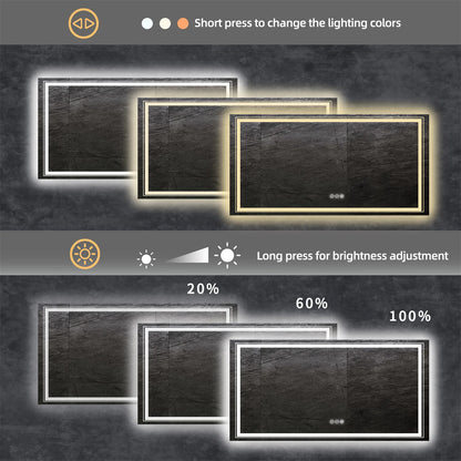 Extra Large Rectangle Bathroom Mirror LED Vanity Dimmable Backlit Anti-Fog Memory with Front and Backlight Shatter-Proof