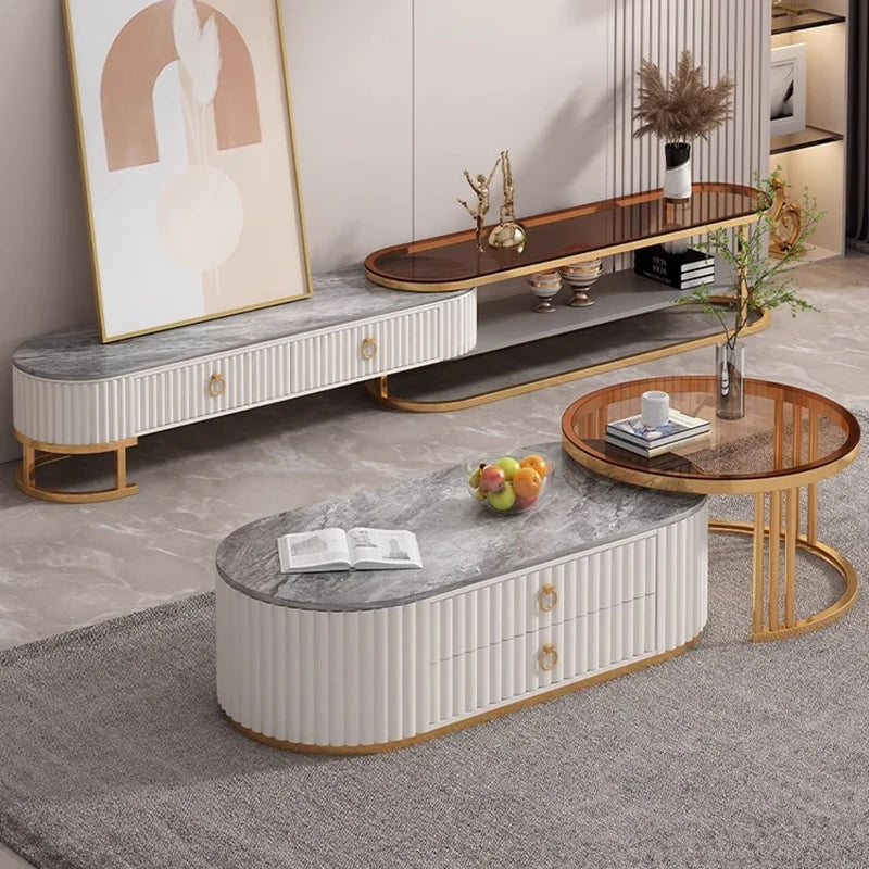 Modern Oval Marble Top Luxury Slide-In Coffee Table