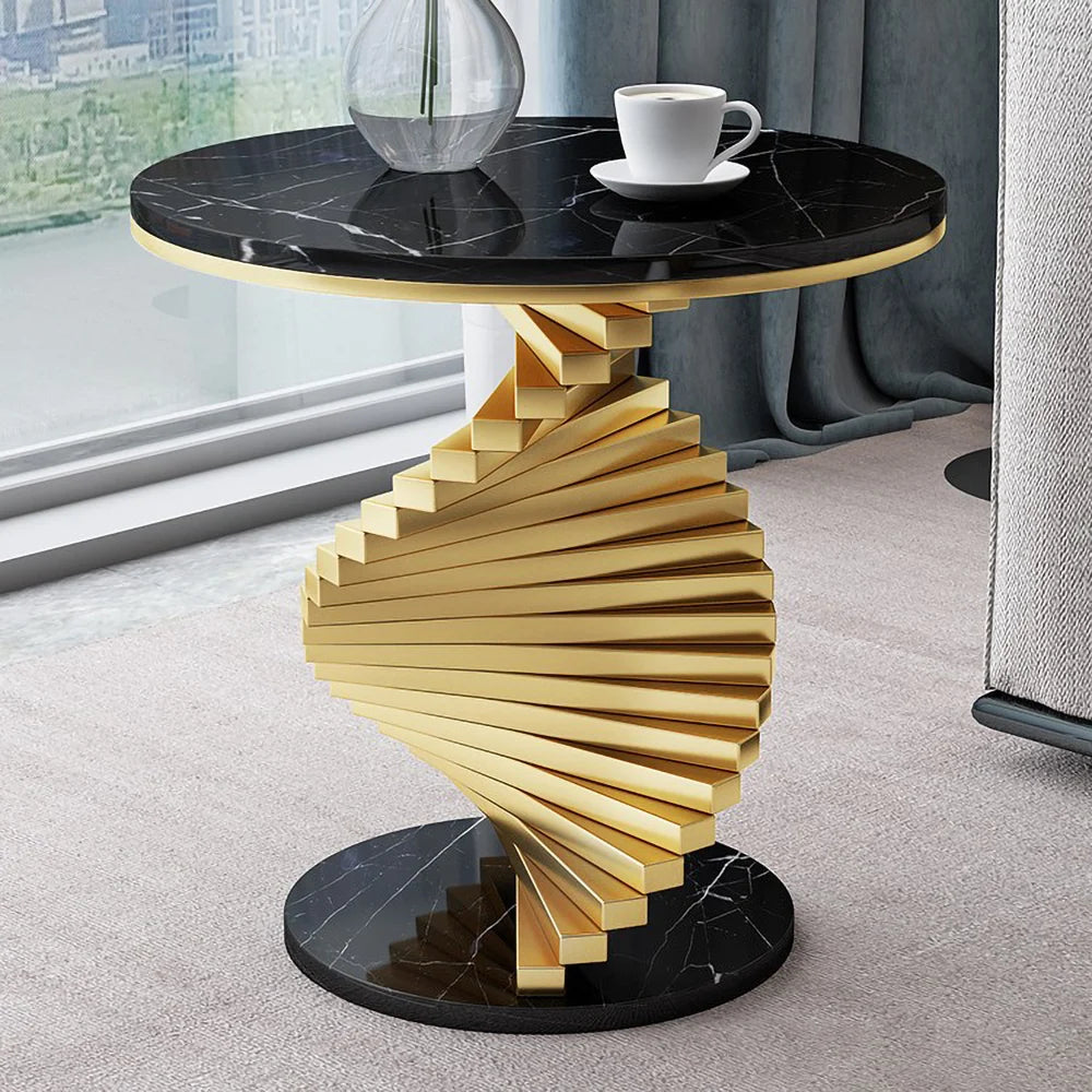 Modern White/Black & Gold Round Step Frame End Table with Marble Top