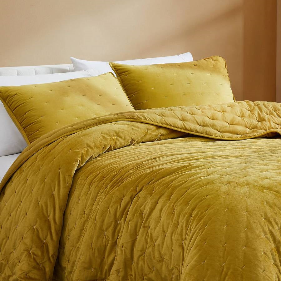 3-Piece Mustard Yellow Velvet Embroidered Lavishly Soft Quilt Set