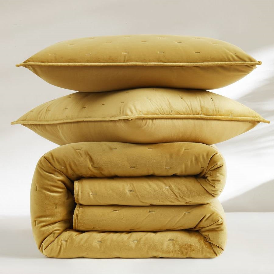 3-Piece Mustard Yellow Velvet Embroidered Lavishly Soft Quilt Set