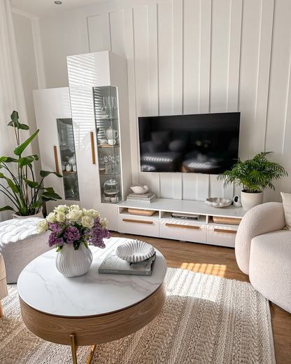 Modern White & Walnut Lift-Top Coffee Table With Stool
