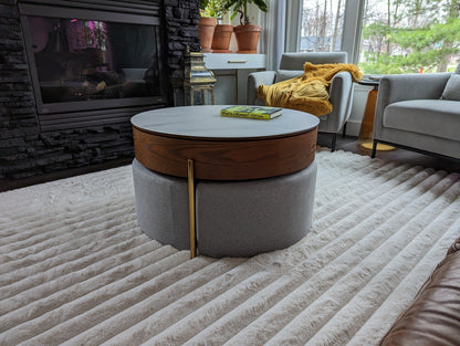 Modern White & Walnut Lift-Top Coffee Table With Stool