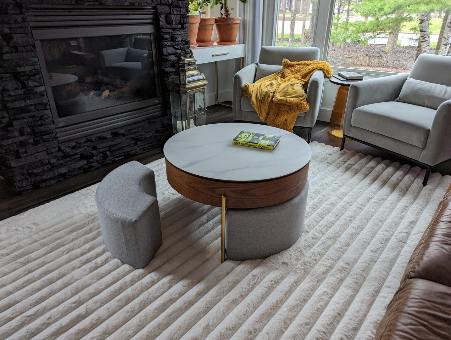 Modern White & Walnut Lift-Top Coffee Table With Stool